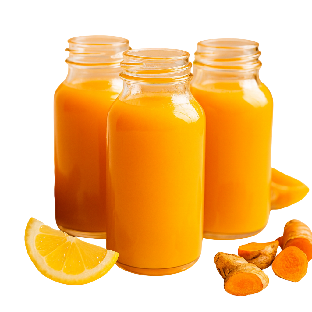 Three glass bottles filled with bright orange ginger turmeric juice, with fresh lemon slices and ginger roots beside them.