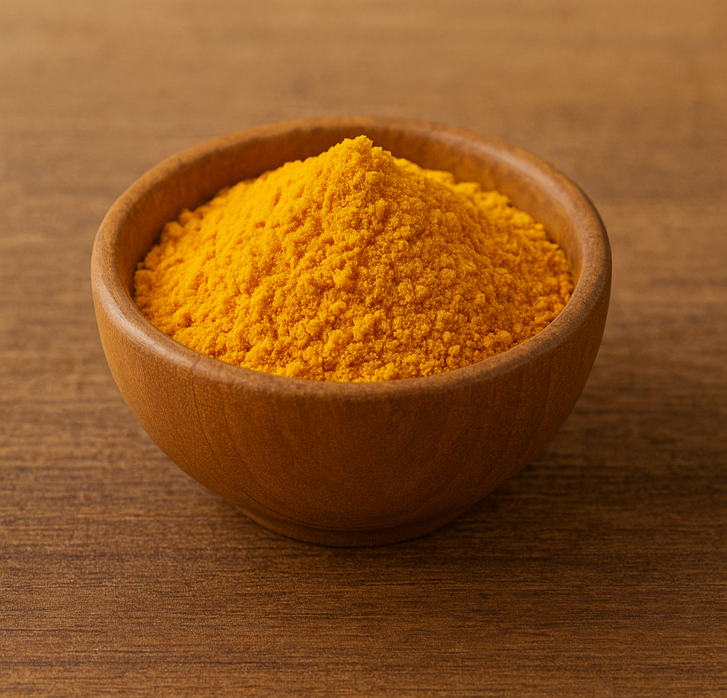 Bright yellow turmeric powder in a wooden bowl on a wooden surface