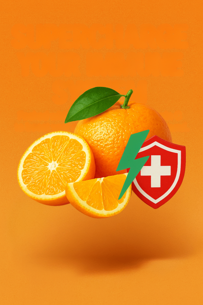 Fresh orange fruit with green leaf, orange slices, and a red shield icon with white cross on orange background