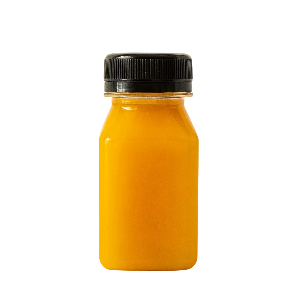 4oz ginger shot in a small yellow bottle with black lid - natural wellness drink