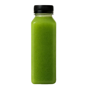 16oz ginger shot in a leafy green bottle with black lid - natural wellness drink