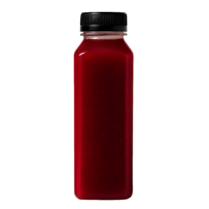 16oz ginger shot in a dark red bottle with black lid - natural wellness drink