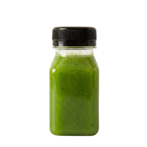 4oz ginger shot in a leafy green bottle with black lid - natural wellness drink