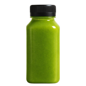 8oz ginger shot in a leafy green bottle with black lid - natural wellness drink