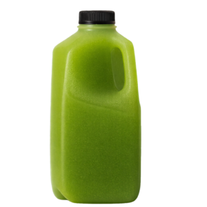 Half gallon ginger shot in a leafy green bottle with black lid - natural wellness drink