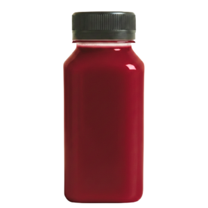 8oz ginger shot in a dark red bottle with black lid - natural wellness drink